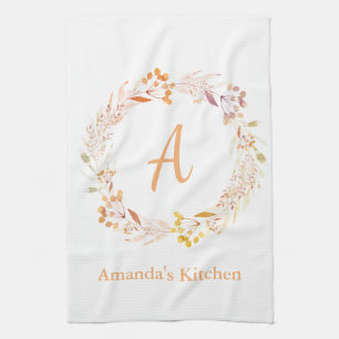 Autumn Floral Watercolor Boho Personalized Name Kitchen Towel
