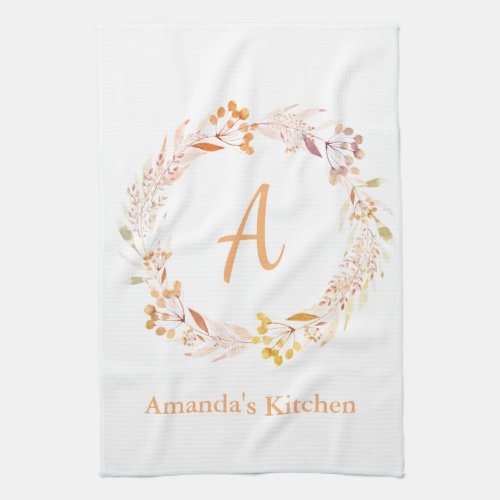 Autumn Floral Watercolor Boho Personalized Name Kitchen Towel