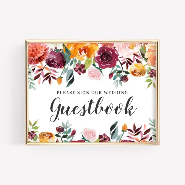 Autumn Floral Watercolor Guestbook Wedding Sign (Creator Uploaded)