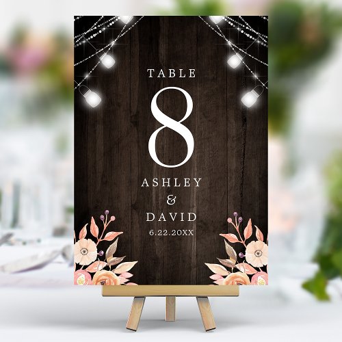 Autumn Floral Watercolor Mason Jar Lights Wedding Table Number