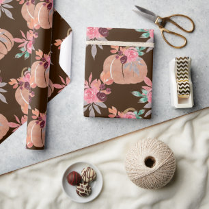 Autumn Floral Watercolor Pumpkin Baby Shower Wrapping Paper