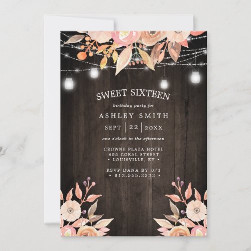 Autumn Floral Watercolor String Lights Sweet 16 Invitation