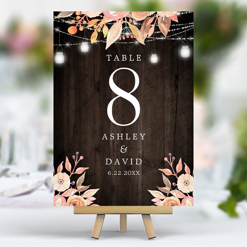 Autumn Floral Watercolor String Lights Wedding Table Number