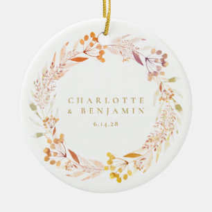 Autumn Floral Watercolor Wreath Boho Personalized  Ceramic Ornament