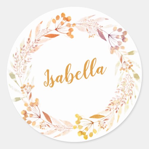 Autumn Floral Watercolor Wreath Boho Personalized Classic Round Sticker