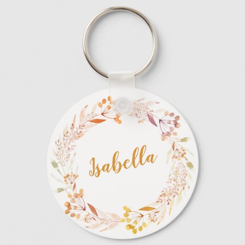Autumn Floral Watercolor Wreath Boho Personalized  Keychain