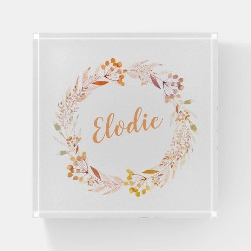 Autumn Floral Watercolor Wreath Boho Personalized Paperweight