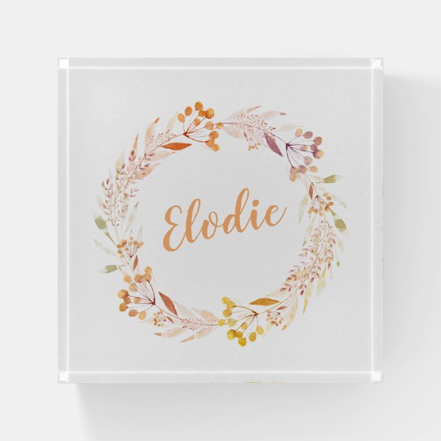 Autumn Floral Watercolor Wreath Boho Personalized Paperweight (Front)