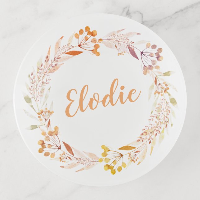 Autumn Floral Watercolor Wreath Boho Personalized Trinket Tray (Front)