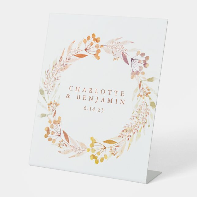 Autumn Floral Watercolor Wreath Custom Wedding Pedestal Sign (Front)