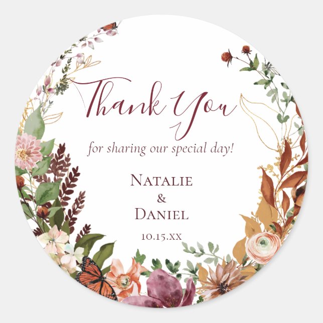 Autumn Floral Wedding  Classic Round Sticker (Front)