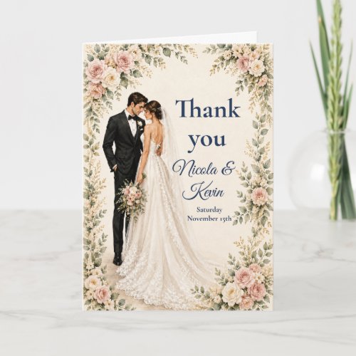 Autumn Floral Wedding Couple Thank You Card