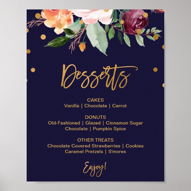 Autumn Floral Wedding Dessert Menu Sign (Front)
