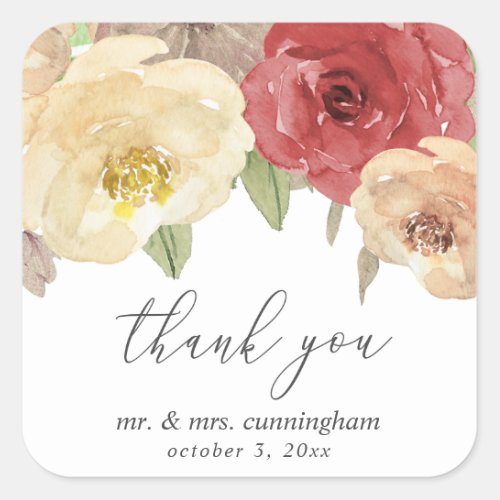Autumn Floral Wedding Favor Thank You Square Sticker