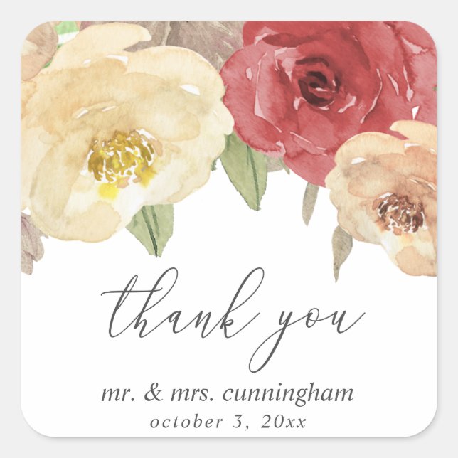 Autumn Floral Wedding Favor Thank You Square Sticker (Front)