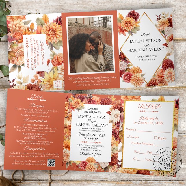 Autumn Floral Wedding Invitation Tri-Fold (Creator Uploaded)