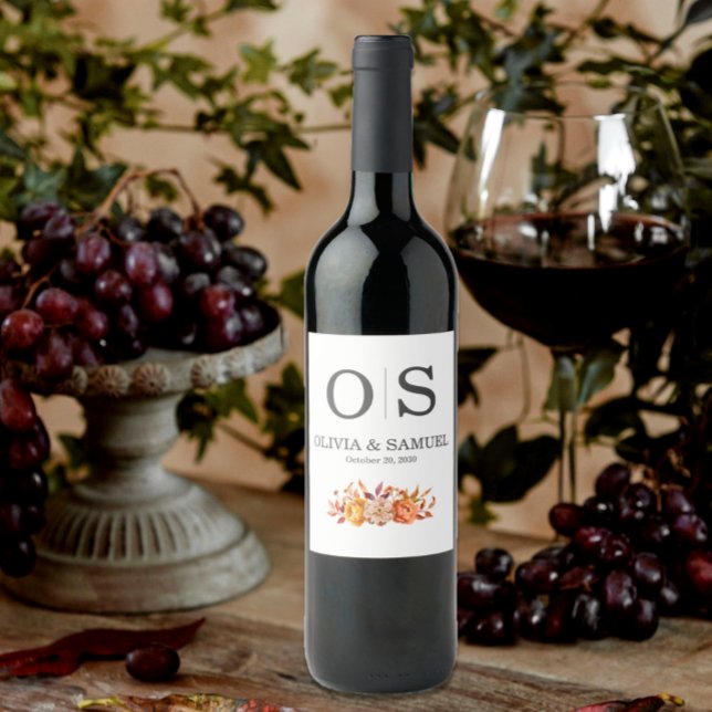 Autumn Floral Wedding Monogram Personalize Bottle Wine Label (Creator Uploaded)