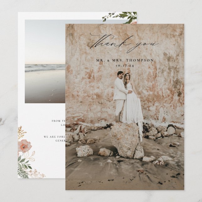 Autumn Floral Wedding Photo Thank You Card (Front/Back)