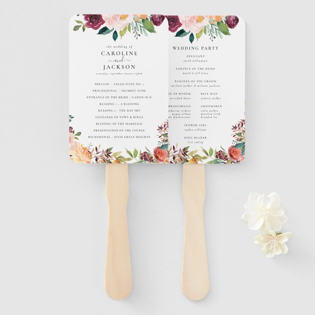 Autumn Floral Wedding Program Hand Fan (Front and Back)