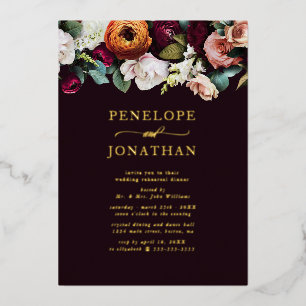 Autumn Floral Wedding Rehearsal Dinner Gold Foil Invitation