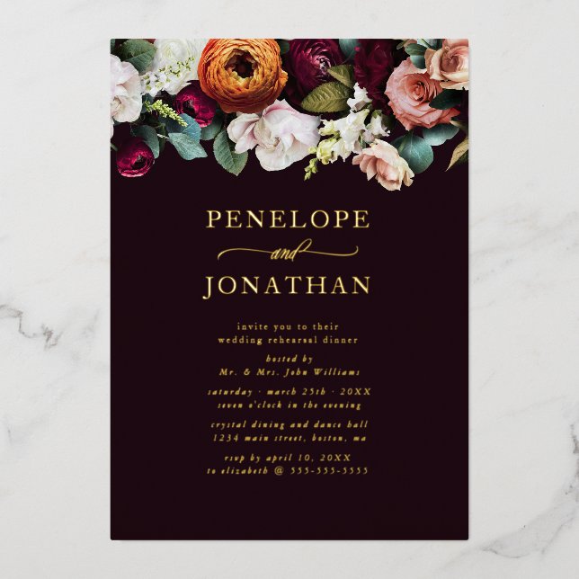 Autumn Floral Wedding Rehearsal Dinner Gold Foil Invitation (Front)