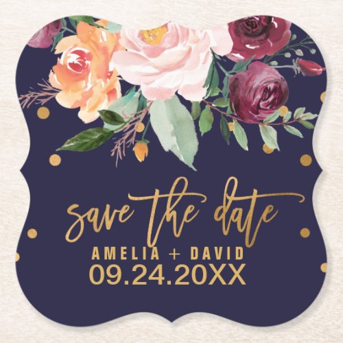 Autumn Floral Wedding Save the Date Announcement Paper Coaster