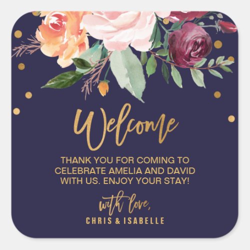 Autumn Floral Wedding Welcome Square Sticker