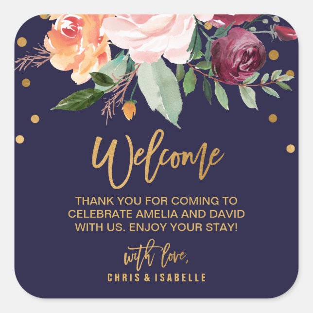Autumn Floral Wedding Welcome Square Sticker (Front)