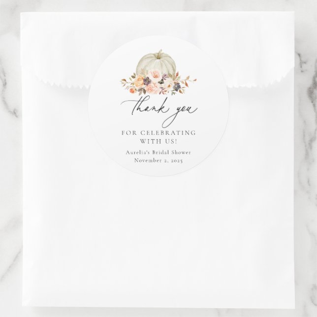 Autumn Floral White Pumpkin Thank You Classic Round Sticker (Bag)