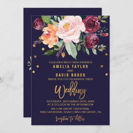 Autumn Floral With Typography Backing Wedding Invitation