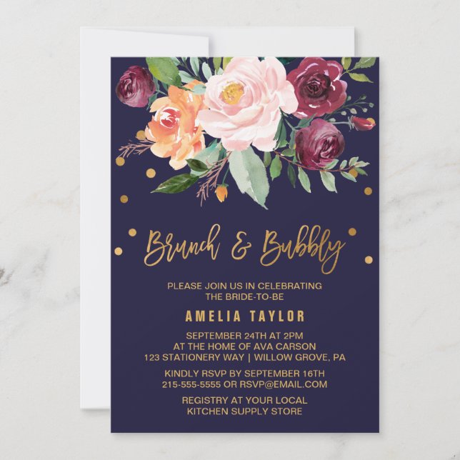 Autumn Floral with Wreath Backing Brunch & Bubbly Invitation (Front)