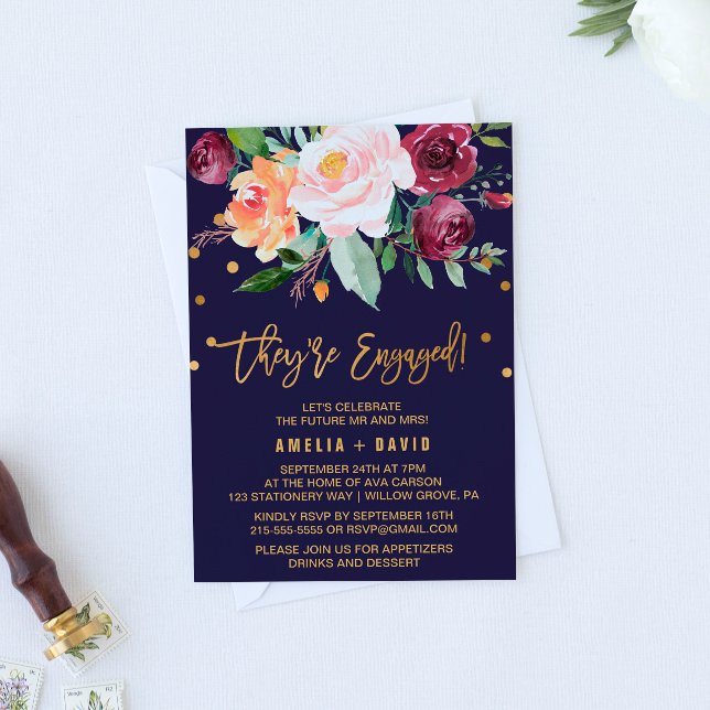 Autumn Floral with Wreath Backing Engagement Party Invitation