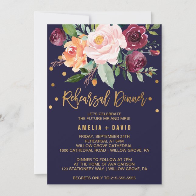 Autumn Floral with Wreath Backing Rehearsal Dinner Invitation (Front)
