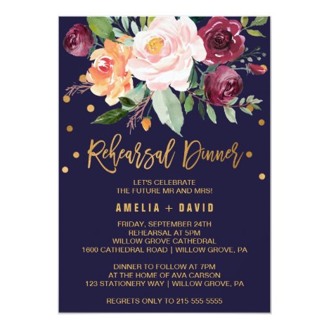 Autumn Floral with Wreath Backing Rehearsal Dinner Invitation