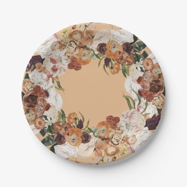 Autumn Floral Wreath Custom Color Paper Plates (Front)