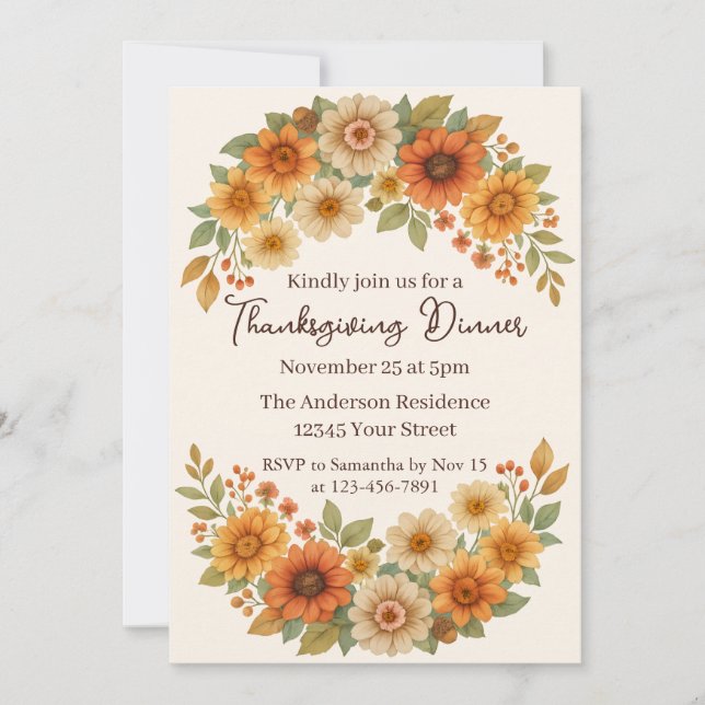 Autumn Floral Wreath - Elegant Thanksgiving Dinner Invitation (Front)