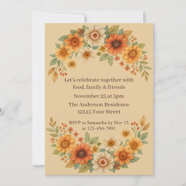 Autumn Floral Wreath - Elegant Thanksgiving Dinner Invitation (Front)