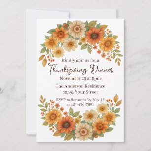 Autumn Floral Wreath - Elegant Thanksgiving Dinner Invitation