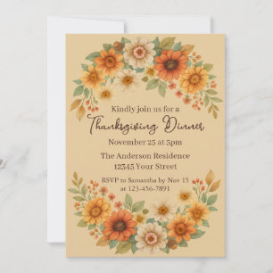 Autumn Floral Wreath - Elegant Thanksgiving Dinner Invitation