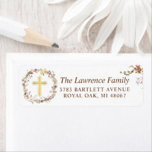 Autumn Floral Wreath Gold Cross Return Address Label