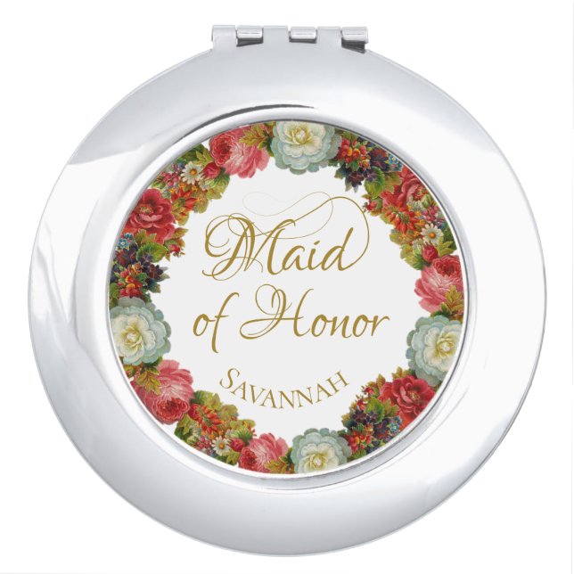 Autumn Floral Wreath Maid of Honor Wedding Favor Compact Mirror (Front)
