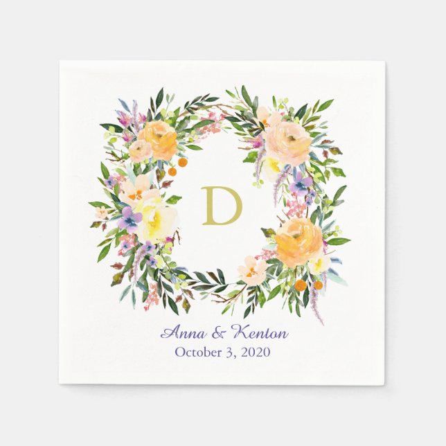 Autumn Floral Wreath Monogram Wedding Paper Napkins (Front)