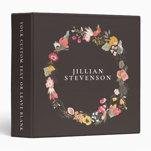 Autumn Floral Wreath on Rustic Brown with Name 3 Ring Binder