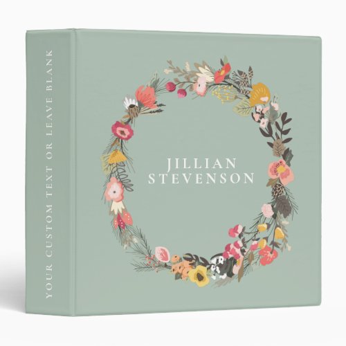 Autumn Floral Wreath on Sage Green with Name  3 Ring Binder