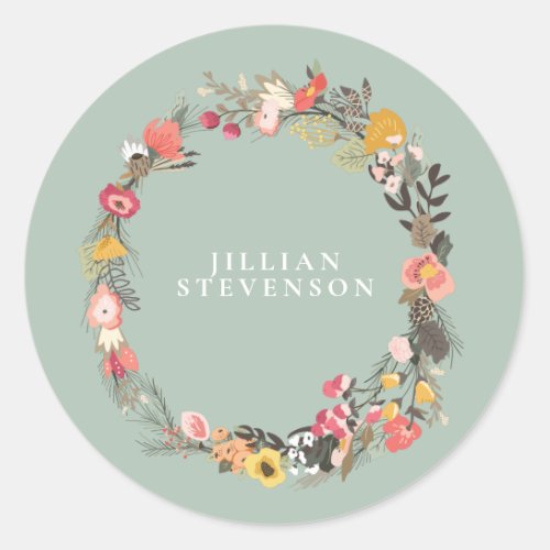 Autumn Floral Wreath on Sage Green with Name Classic Round Sticker