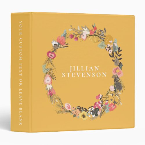 Autumn Floral Wreath on Yellow with Name 3 Ring Binder