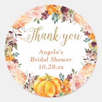 Autumn Floral Wreath Pumpkin Gold Thank You Favor Classic Round Sticker by CardHunter at Zazzle