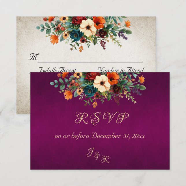 Autumn Floral & Wreath RSVP - Purple Card (Front/Back)