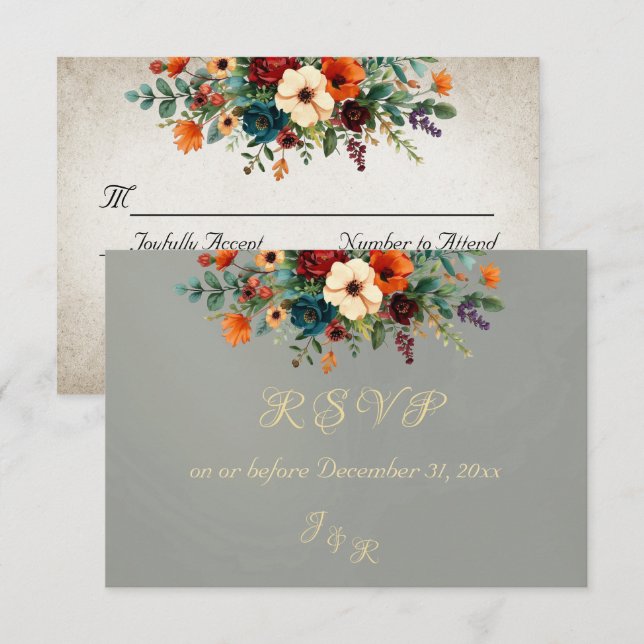 Autumn Floral & Wreath RSVP - Sage Card (Front/Back)