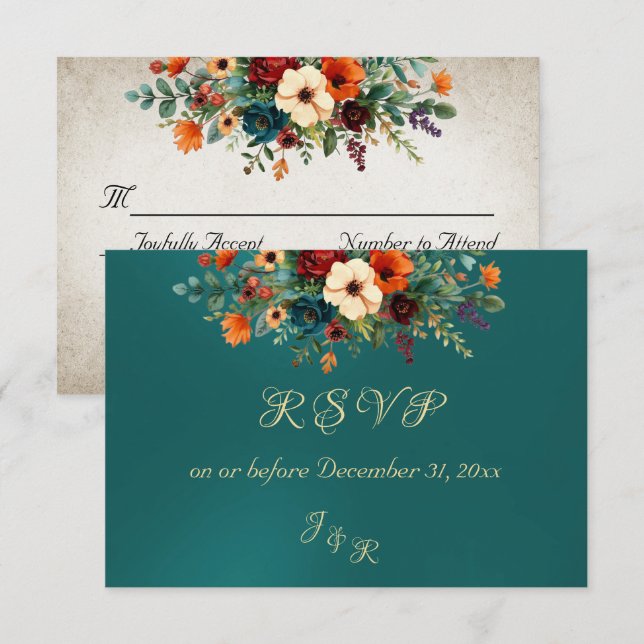 Autumn Floral & Wreath RSVP - Teal Card (Front/Back)